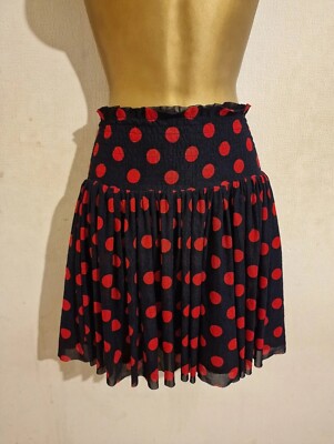 Navy Red Polka Dot Print Elastic Shirred Sheer Flared Rara Mini