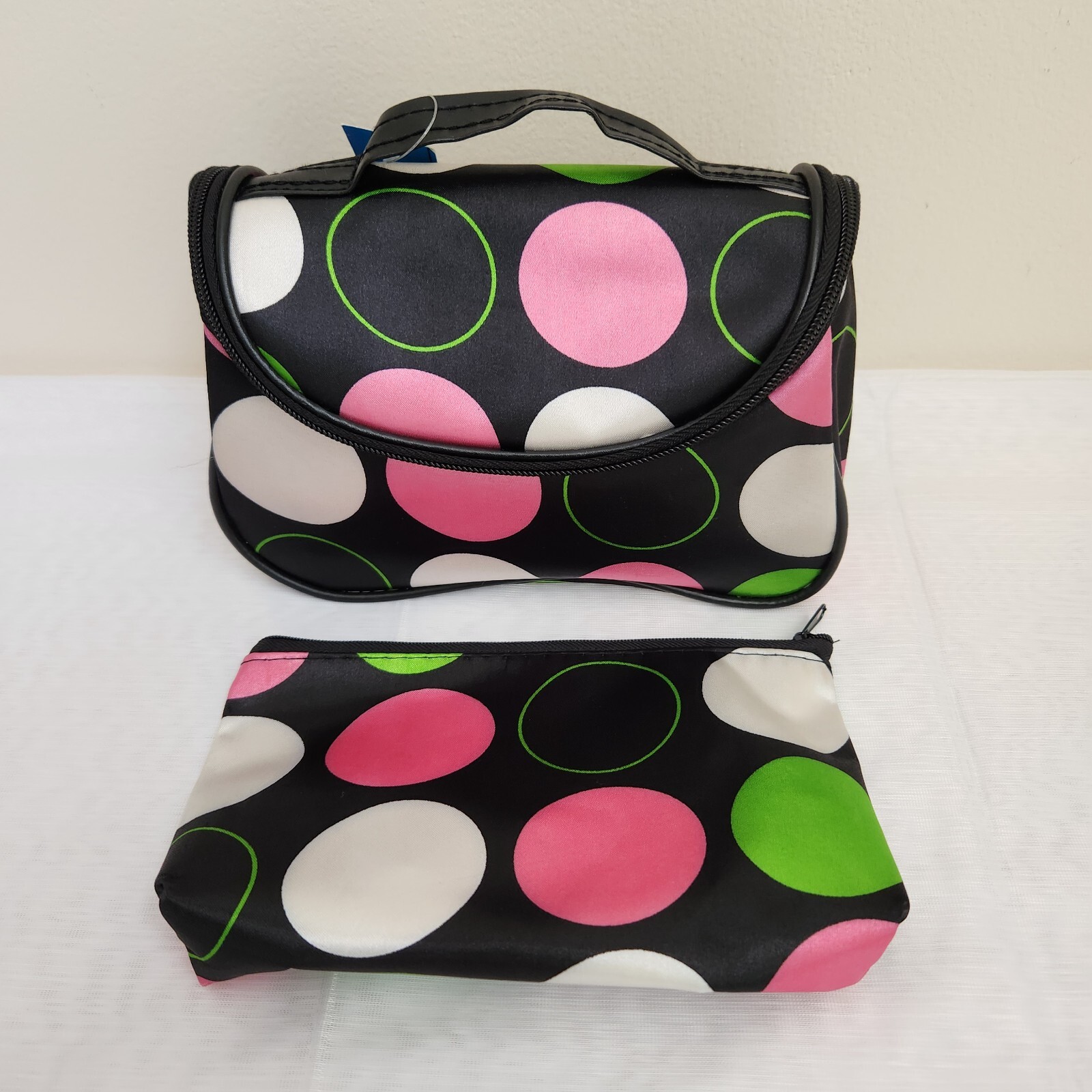 Moda Black Polka Dot Satin Beauty Bag Cosmetic Make Up Case 2 Piece Set