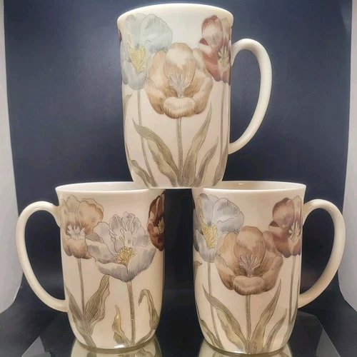 Fitz & Floyd Pastel Poppy Gray Brown Coffee Mugs Japan Discontinued 1976