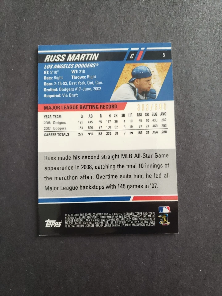 2008 Topps Stadium Club /599 First Day Issue Russ Martin Card #5 #284 - Image 4 of 4