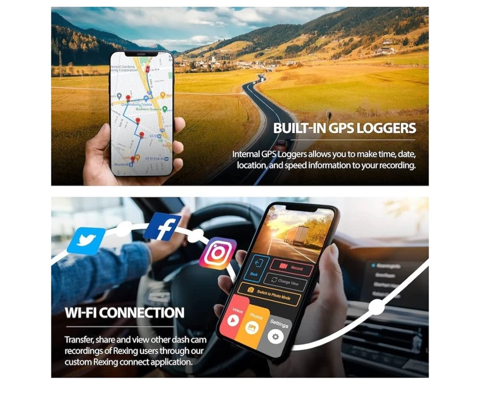 4K Dual Channel Car Dash Cam 2160p +1080p w/Built-in GPS Wi-Fi 2.4” LCD REXING - Image 4 of 4