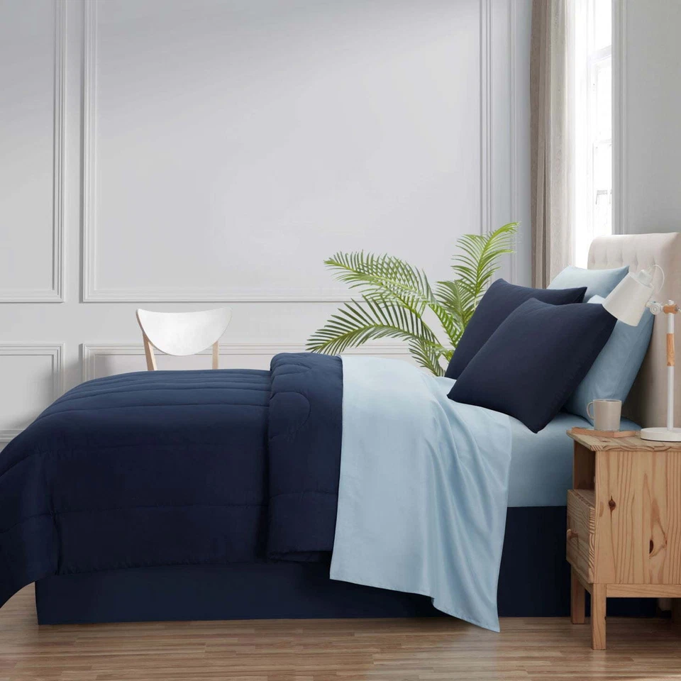 Juego de Sábanas Queen Azul Claro Fundas de Almohada Sábana Ajustable Sábana Plana 100% Poliéster Foto 4 de 4