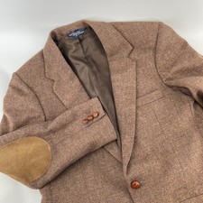 Farah Vintage Mens 40L Brown Wool Tweed Blazer Suede Elbow Patches Made in USA