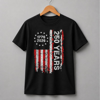 US 250 Years Semiquincentennial T-Shirt 1776 2026 American Flag Black Cotton Tee
