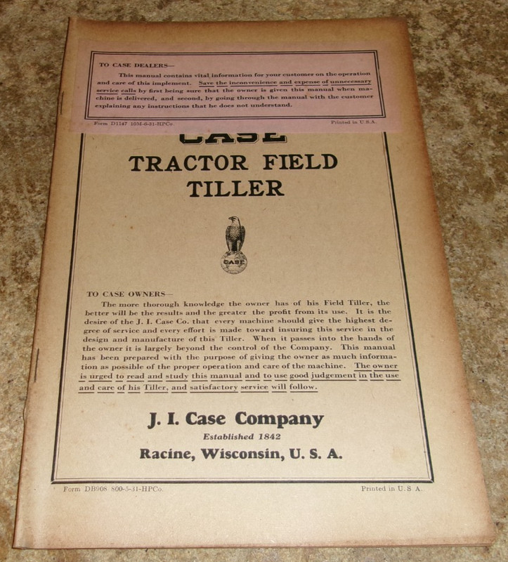 1935 case tractor field tiller parts/instructions in good shape used