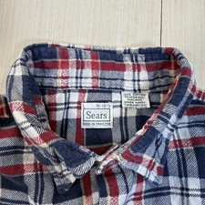 True Vintag Sears Plaid Flannel M/L Red White Blue 60s 70s Sanforized Distressed