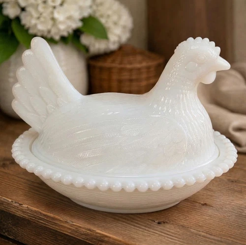 Vintage White Milk Glass Hen on Nest Covered Candy Dish Beaded Rim Oval 7"