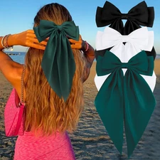 Oversized Forest Green White Black Hair Bows for Women Silky Satin Large Hair Ri