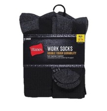 NIP Hanes 6-Pk Work Socks Cushioned Crew Socks Black Big Tall Sz 12-14 Tough