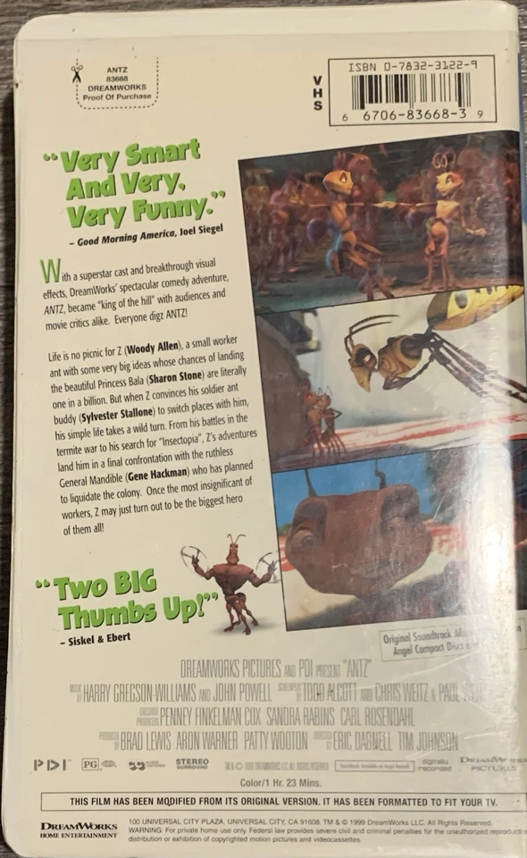 RARE! White Clamshell Case Dreamworks/Pictures PDI Antz VHS Movie Tape 1998 GOOD - Image 2 of 4