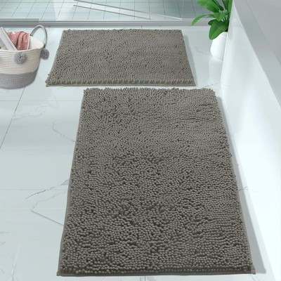 Bathroom Rugs 2 Piece Set Chenille Microfiber Plush Absorbent Warm Grey