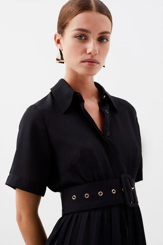 Karen Millen UK8 EU36 US4 AUS8 BLACK Pleated Mini Shirt Dress - Image 2 of 4