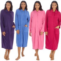 Ladies Button Housecoat Robe Longer Length Fleece Dressing Gown