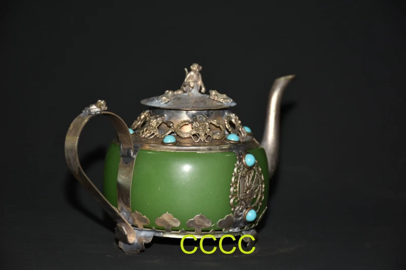 Exquisita olla de vino con mango de extremo de piedras preciosas de pino verde con incrustaciones de cobre plateado de China Foto 2 de 4