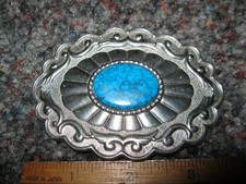 VINTAGE Silver color SOLID BRASS BELT BUCKLE w/ turquoise 2 1/2 x 3 5/8"