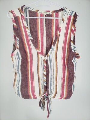 Vanilla Star Colorful Stripe Linen Blend Button Down V-Neck Top Sleeveless