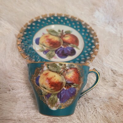 Royal Halsey Tea Cup and Saucer Hand Painted Fruit Turquoise | eBay