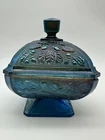 Vtg Jeanette Carnival Glass Covered Candy Dish Blue Oak Leaves Acorns