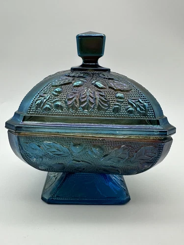 Vtg Jeanette Carnival Glass Covered Candy Dish Blue Oak Leaves Acorns