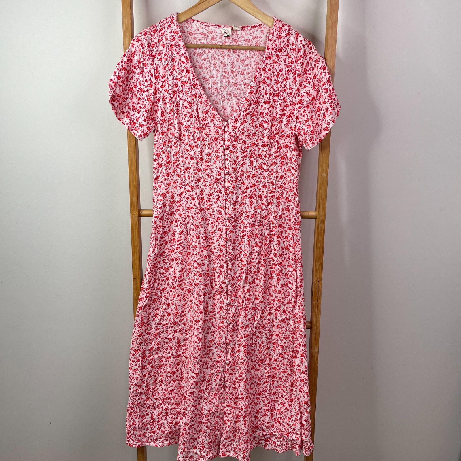 Roxy Maxi Dress Women Medium/10 Pink Red Floral Button Front Short Sleeve V-Neck-image