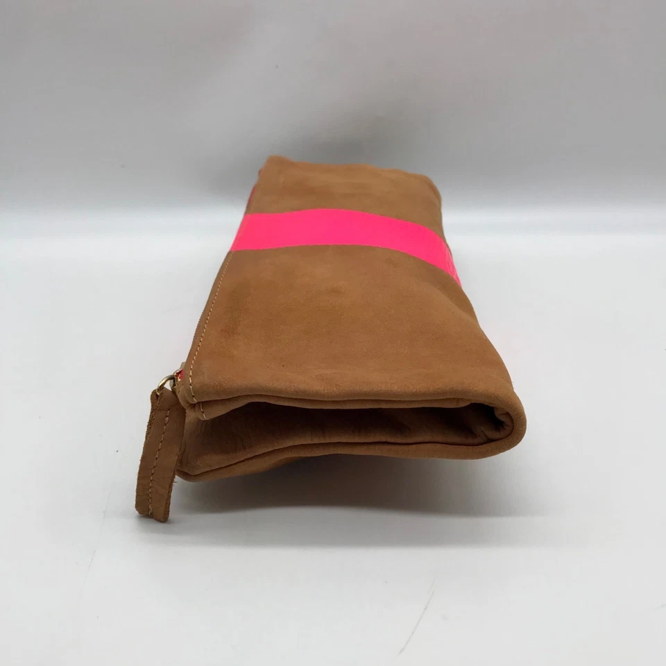 Clare V Camel Brown Leather With Pink Stripe Foldover Clutch - Image 3 of 4