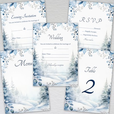 Dusty Blue Winter Hochzeitseinladungen Abendeinladungen RSVP Save Date Menükarten
