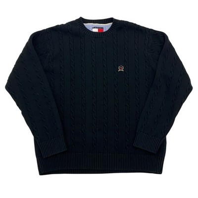 Tommy Hilfiger Pullover Zopfmuster Herren Large Schwarz Wappen Logo Sweater