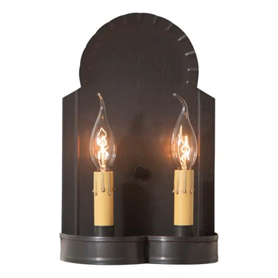 IRVIN'S COUNTRY TINWARE Metal Double Candle Light Wall Fixture Hanover Sconce Kettle Black Tin USA
