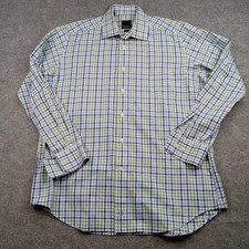 David Donahue Shirt Mens 17 34/35 Blue Green Plaid Trim Fit Button Down Dress