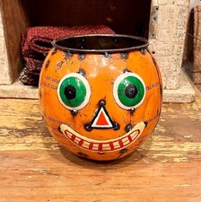 New Primitive Halloween Recycled Metal CREEPY PUMPKIN BUCKET FIGURE 8"