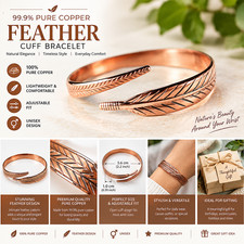 99.9 Pure Copper Bracelet Feather Cuff Bangle Adjustable Unisex Jewelry Gift