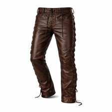 Brown Leather Pants for Men Lace-Up Western Style, Cowboy Trousers, Biker Style