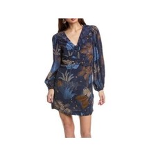 Farm Rio Night Jungle mini dress blue leaf print size XS long balloon sleeves 