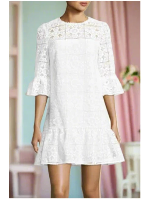 Kate Spade mini abito tubino pizzo 00 bianco orlo increspato foderato floreale boho