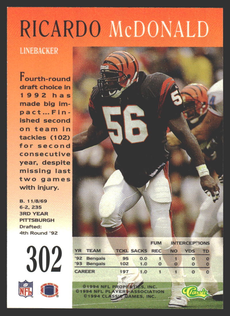 Ricardo McDonald #302 1994 Pro Line Live Cincinnati Bengals