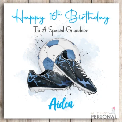 Blue Football Birthday Card Personalised Boys Mens Grandson Son Nephew Any Age