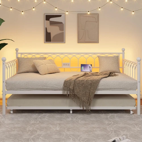 Metal Daybed W/Trundle Twin Size Day Bed Frame with Charging Station & LED Light