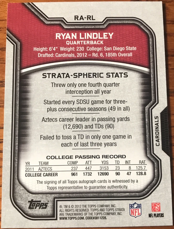 2012 Topps Strata Rookie Autographs Ryan Lindley RA-RL Arizona Cardinals - Image 2 of 2