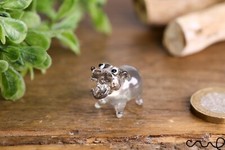 Tiny Handmade Little Glass Hippopotamus Grey Gloss Terrarium Decor Ornament Cute