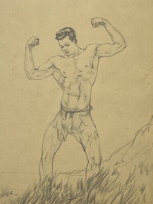 James Kirk Merrick Shirtless Man Flexing Muscles Tiny Shorts Pencil Drawing Vtg