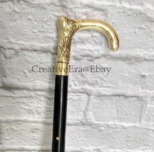 Antique Brass Vintage Head Handle Walking Stick Black Wooden Brass Inlaid Cane