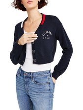 Tommy Jeans Women  s Logo Navy Blue Cropped Cardigan Sweater NWOT 