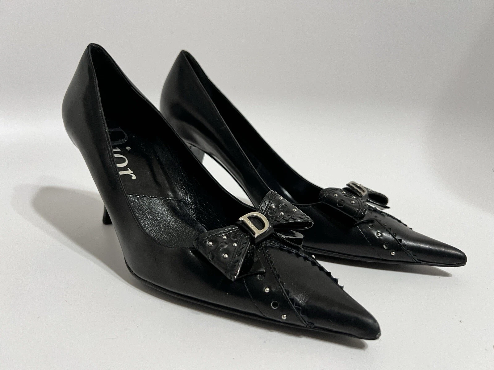 Talons vintage Christian Dior cuir noir nœud logo D 35,5