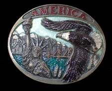  AMERICA BELT BUCKLE STATUER OF LIBERTY  BALD EAGLE C  J PEWTER VINTAGE 1985
