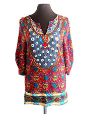 NLW Floral Border Print Tunic Dress 3/4 Ruched Sleeves Multicolor Boho Sz L