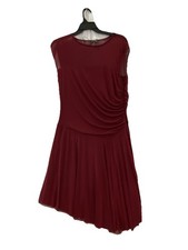 Fashion Nova Dress Midi Sheer Top Ruched L/XL Burgundy Knit Sleeveless Fit Flare