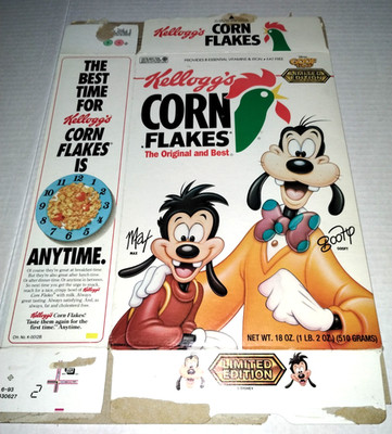 Disney Vintage 1991 Goofy Max Kellogg's Corn Flakes Goof Troop Empty Cereal Box