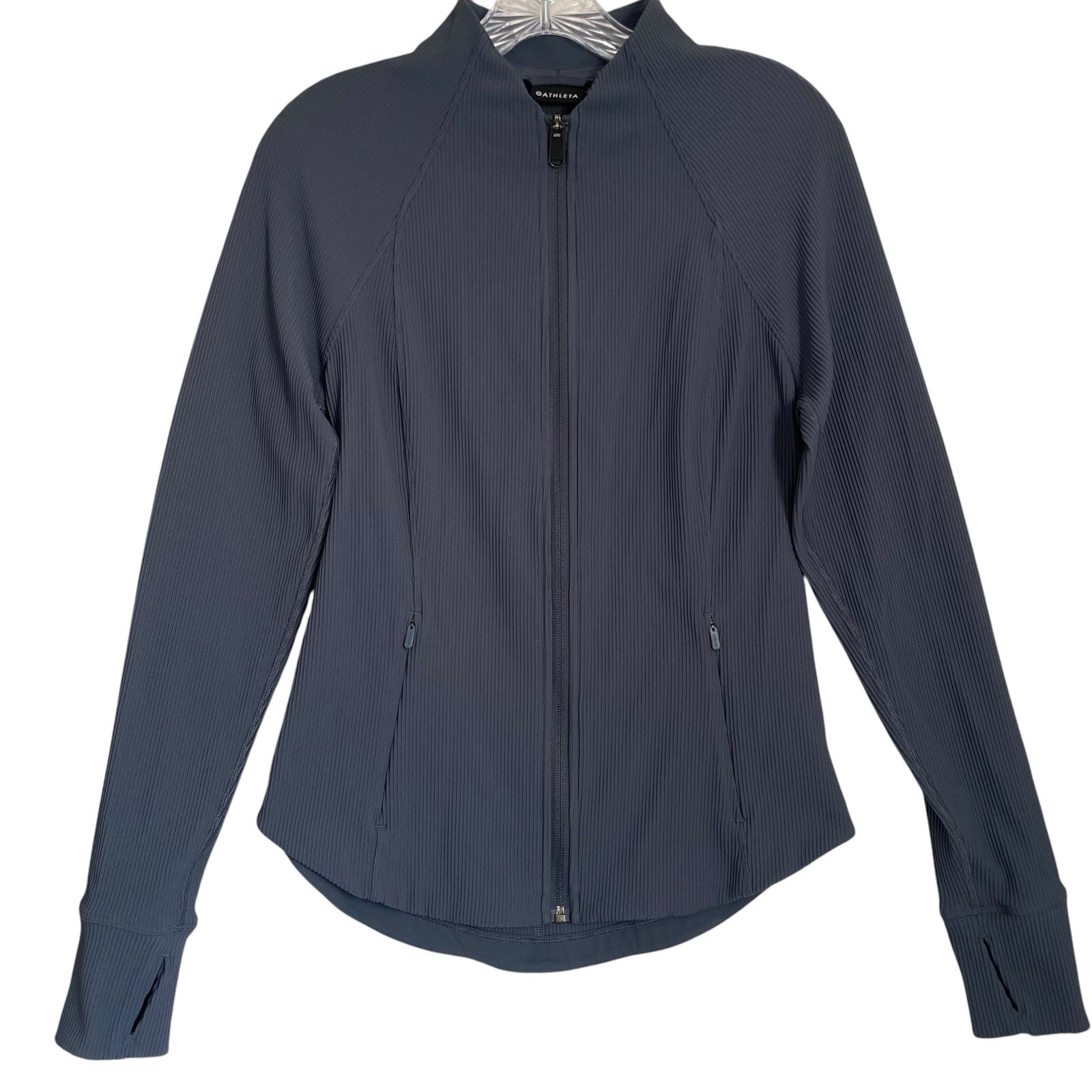 Athleta Salutation Activewear Jacket M Gray Ribbed Full Zip Thumbholes Pockets