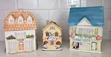 Set of 3 Ceramic House Jars – Cookie Jar, Tea Shop, Flower House Candleholder
