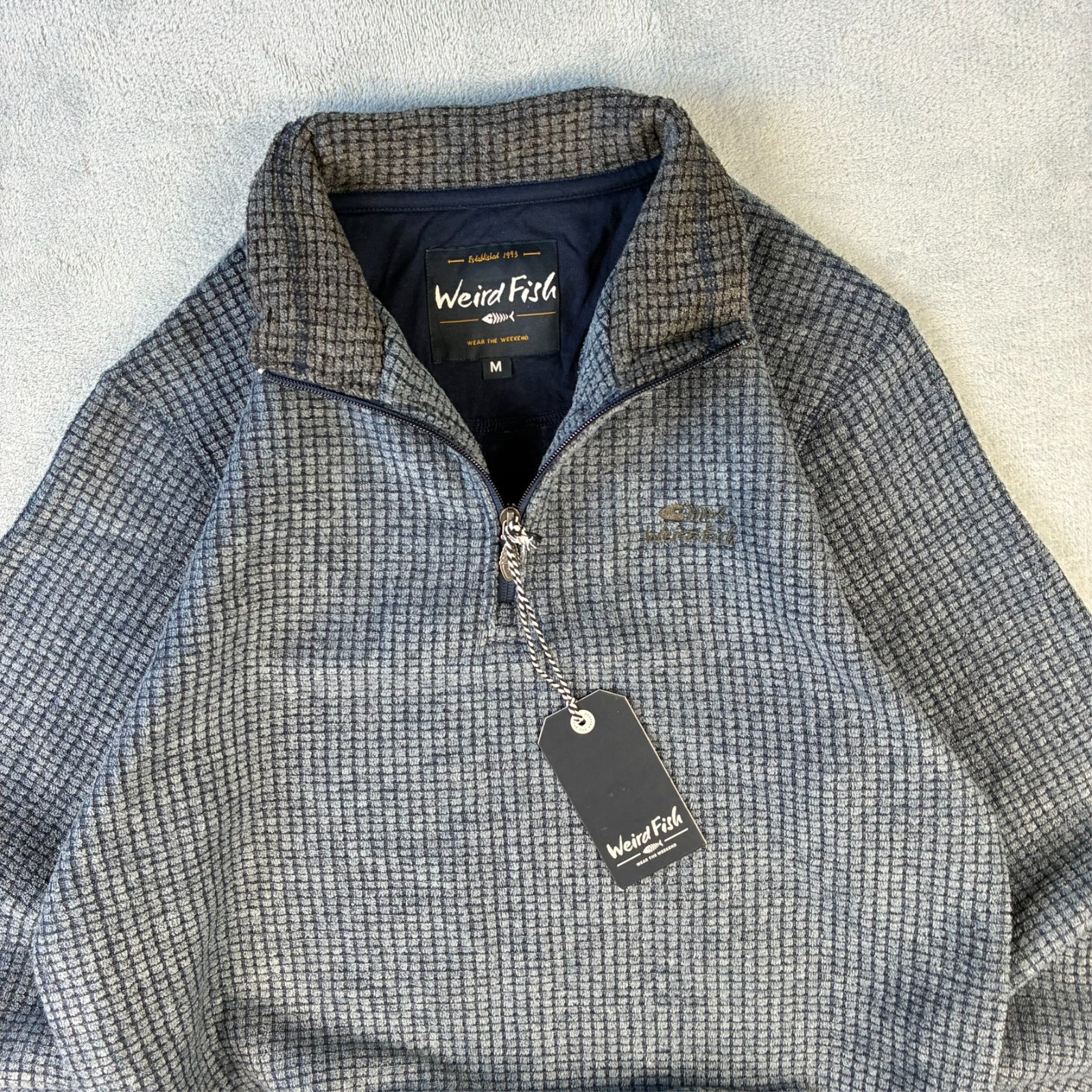 VTG Weird Fish Navy Blue Grey Waffle Fleece Size Medium 1/4 Quarter Zip Jumper image 4